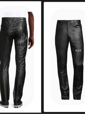 RtA Black Faux-Leather Slim Straight Jeans with White Stitch Detail